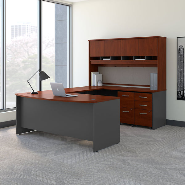 Bush Business Furniture 72W Bow Front U Shaped Desk with Hutch and Storage | Hansen Cherry/Graphite Gray