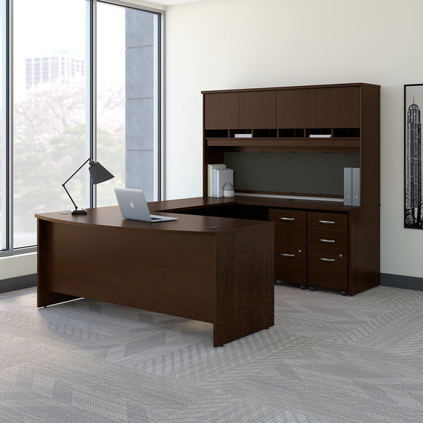 Bush Business Furniture 72W Bow Front U Shaped Desk with Hutch and Storage | Mocha Cherry