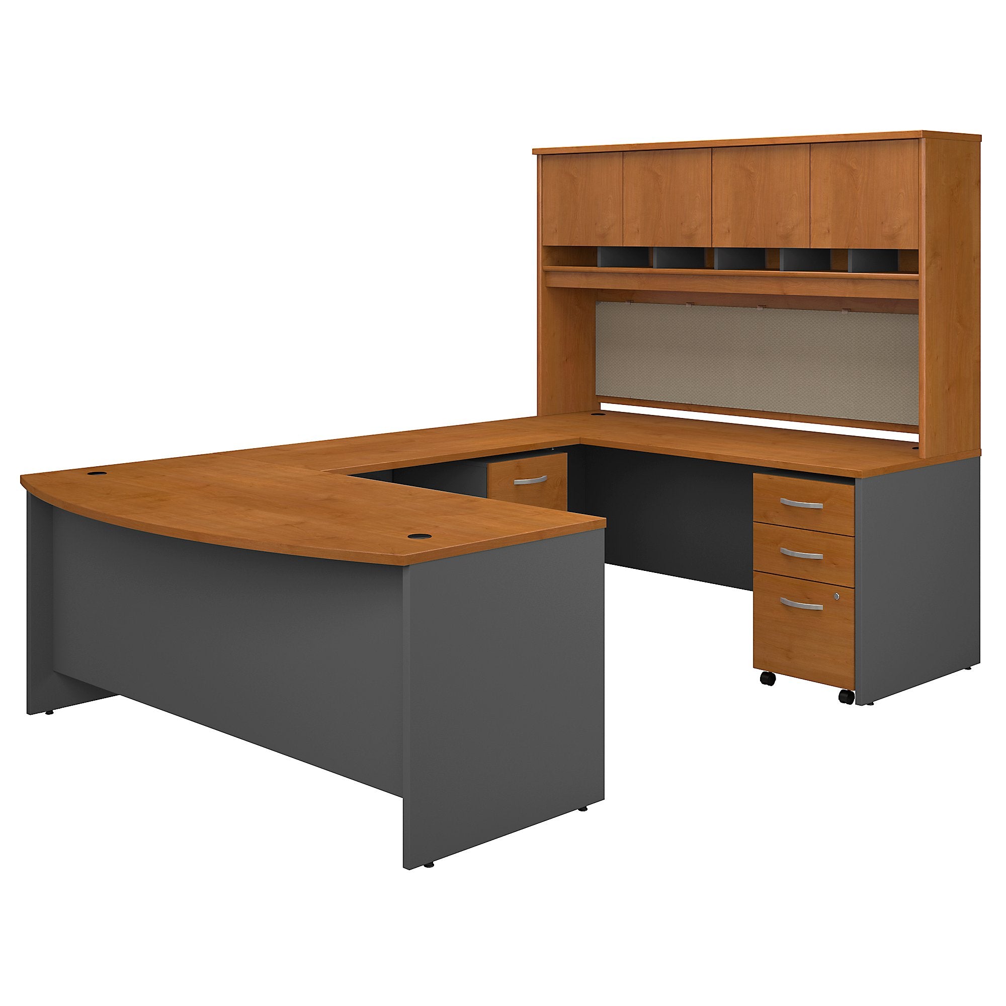 Bush Business Furniture 72W Bow Front U Shaped Desk with Hutch and Storage | Natural Cherry/Graphite Gray