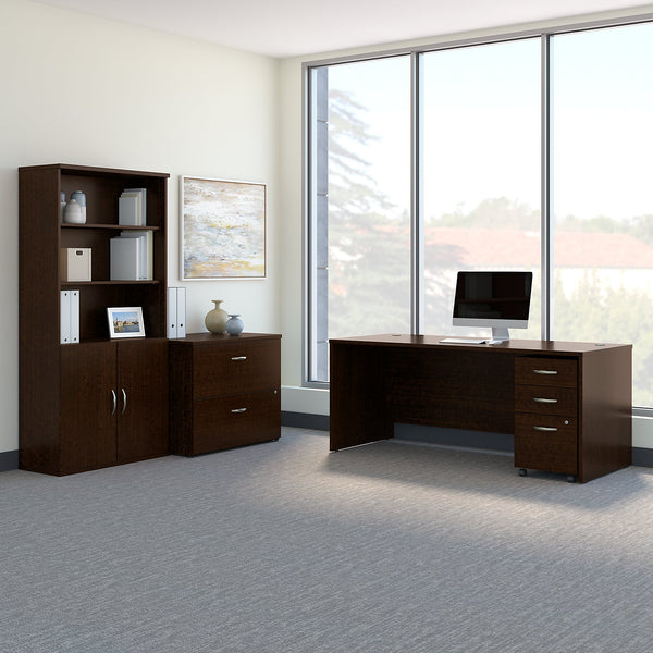 Bush Business Furniture Series C 72W Office Desk with Bookcase and File Cabinets | Mocha Cherry