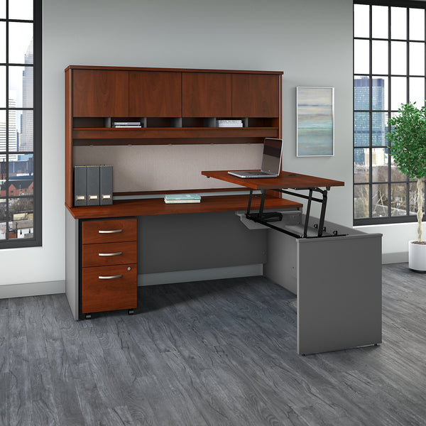 Bush Business Furniture Series C 72W x 30D 3 Position Sit to Stand L Shaped Desk with Hutch and Mobile File Cabinet | Hansen Cherry/Graphite Gray