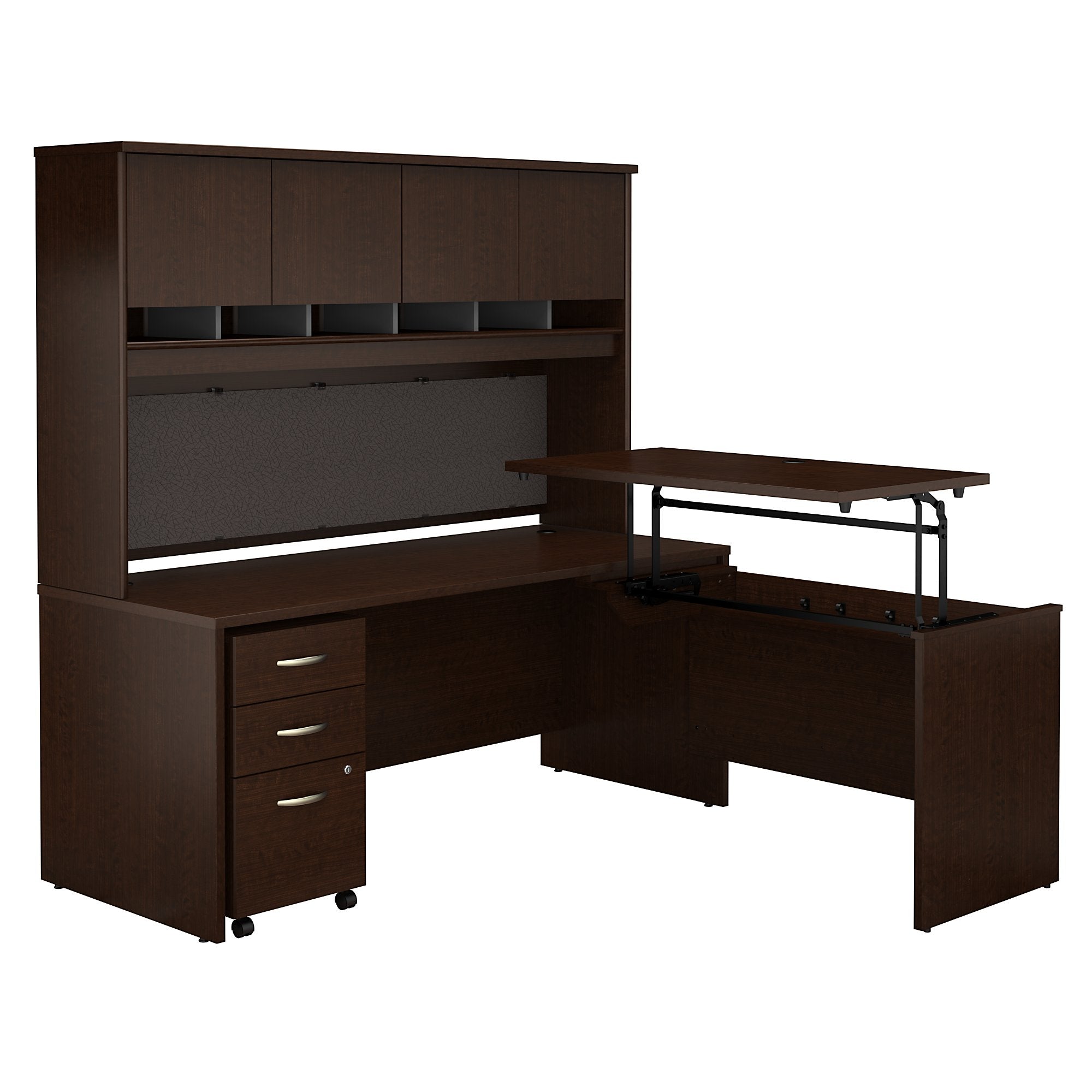 Bush Business Furniture Series C 72W x 30D 3 Position Sit to Stand L Shaped Desk with Hutch and Mobile File Cabinet | Mocha Cherry