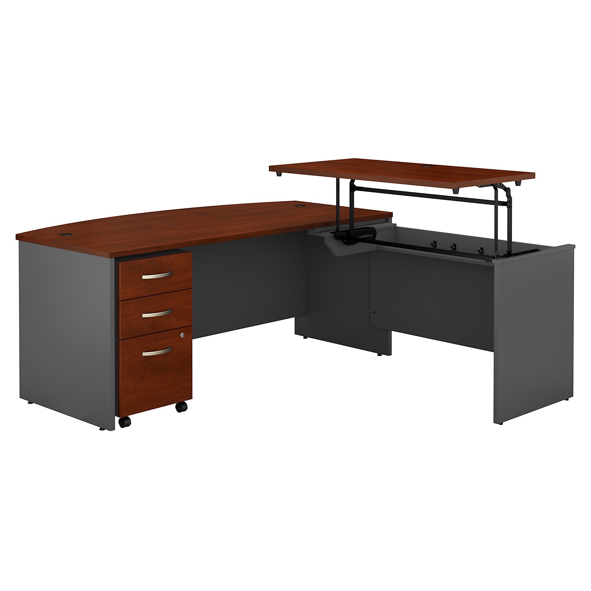 Bush Business Furniture Series C 72W x 36D 3 Position Bow Front Sit to Stand L Shaped Desk with Mobile File Cabinet | Hansen Cherry/Graphite Gray