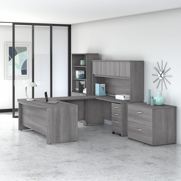 Bush Business Furniture Studio C 72W x 36D U Shaped Desk with Hutch, Bookcase and File Cabinets | Platinum Gray