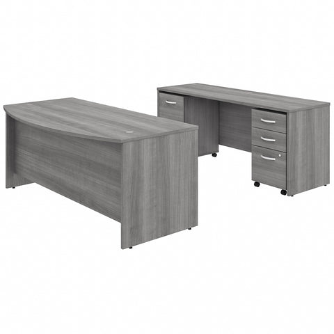 Bush Business Furniture Studio C 72W x 36D Bow Front Desk and Credenza with Mobile File Cabinets | Platinum Gray