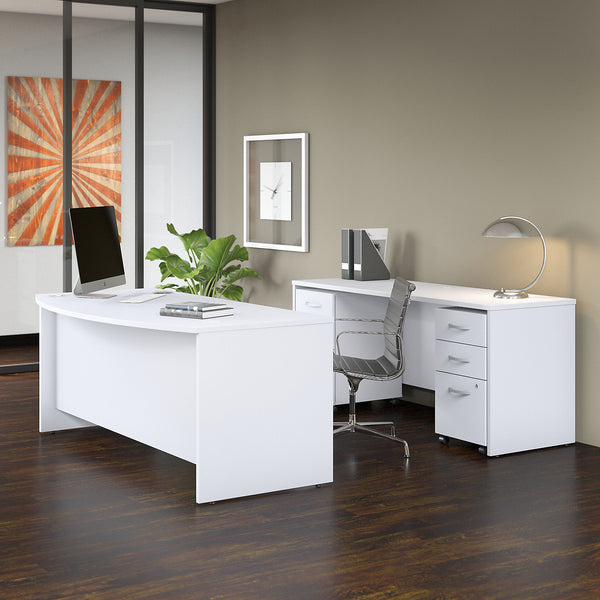 Bush Business Furniture Studio C 72W x 36D Bow Front Desk and Credenza with Mobile File Cabinets | White