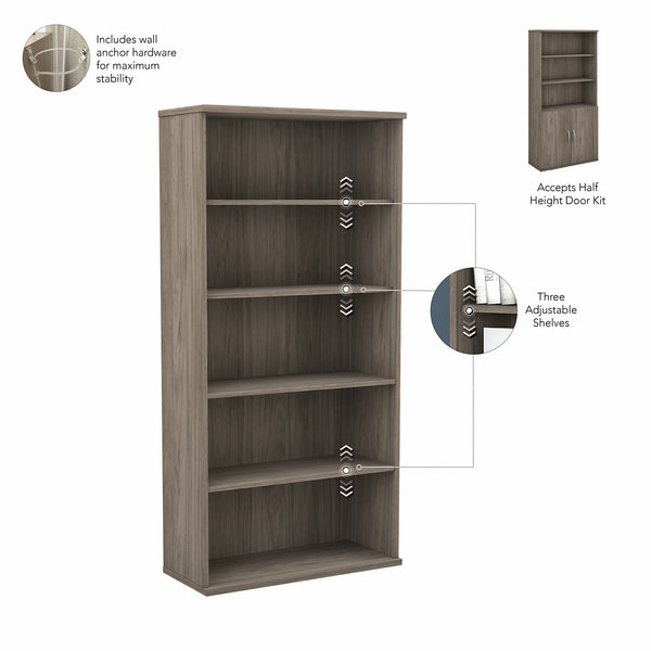 Bush Business Furniture Studio C Tall 5 Shelf Bookcase with Doors | Modern Hickory