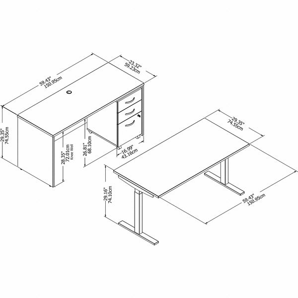 Bush Business Furniture Studio C 60W x 30D Height Adjustable Standing Desk, Credenza and Mobile File Cabinet | Platinum Gray