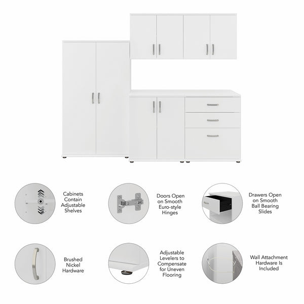 Bush Business Furniture Universal 92W 5 Piece Modular Storage Set with Floor and Wall Cabinets | White/White