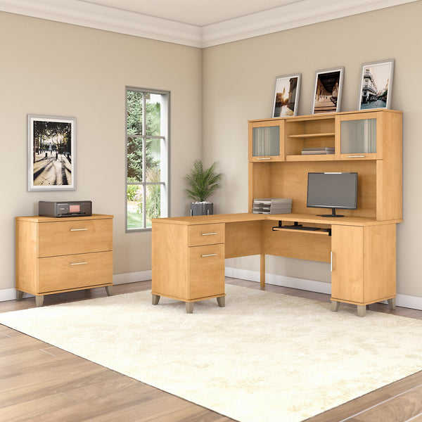 Bush Furniture Somerset 60W L Shaped Desk with Storage | Maple Cross